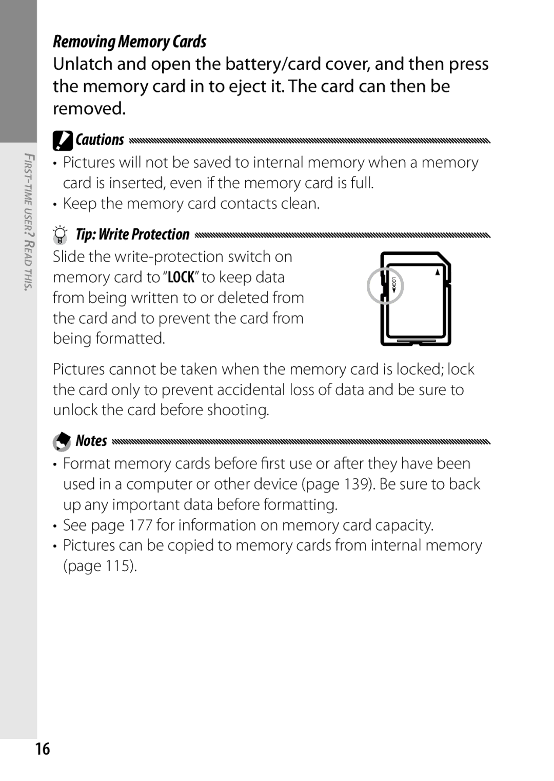 Ricoh 170543, GXR, 170553 manual Removing Memory Cards, Keep the memory card contacts clean, Tip Write Protection 