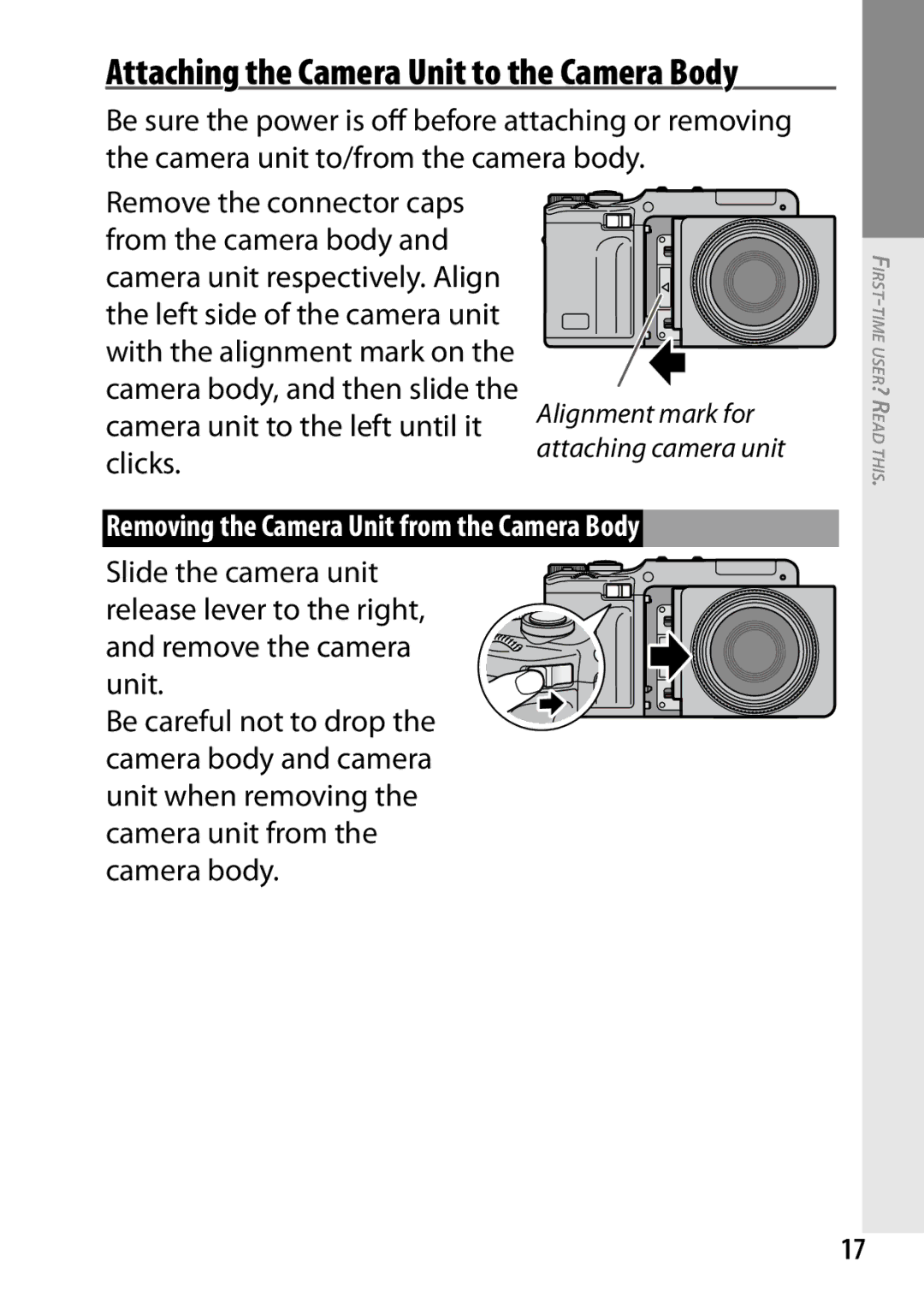 Ricoh 170553, GXR, 170543 manual Attaching the Camera Unit to the Camera Body, Removing the Camera Unit from the Camera Body 