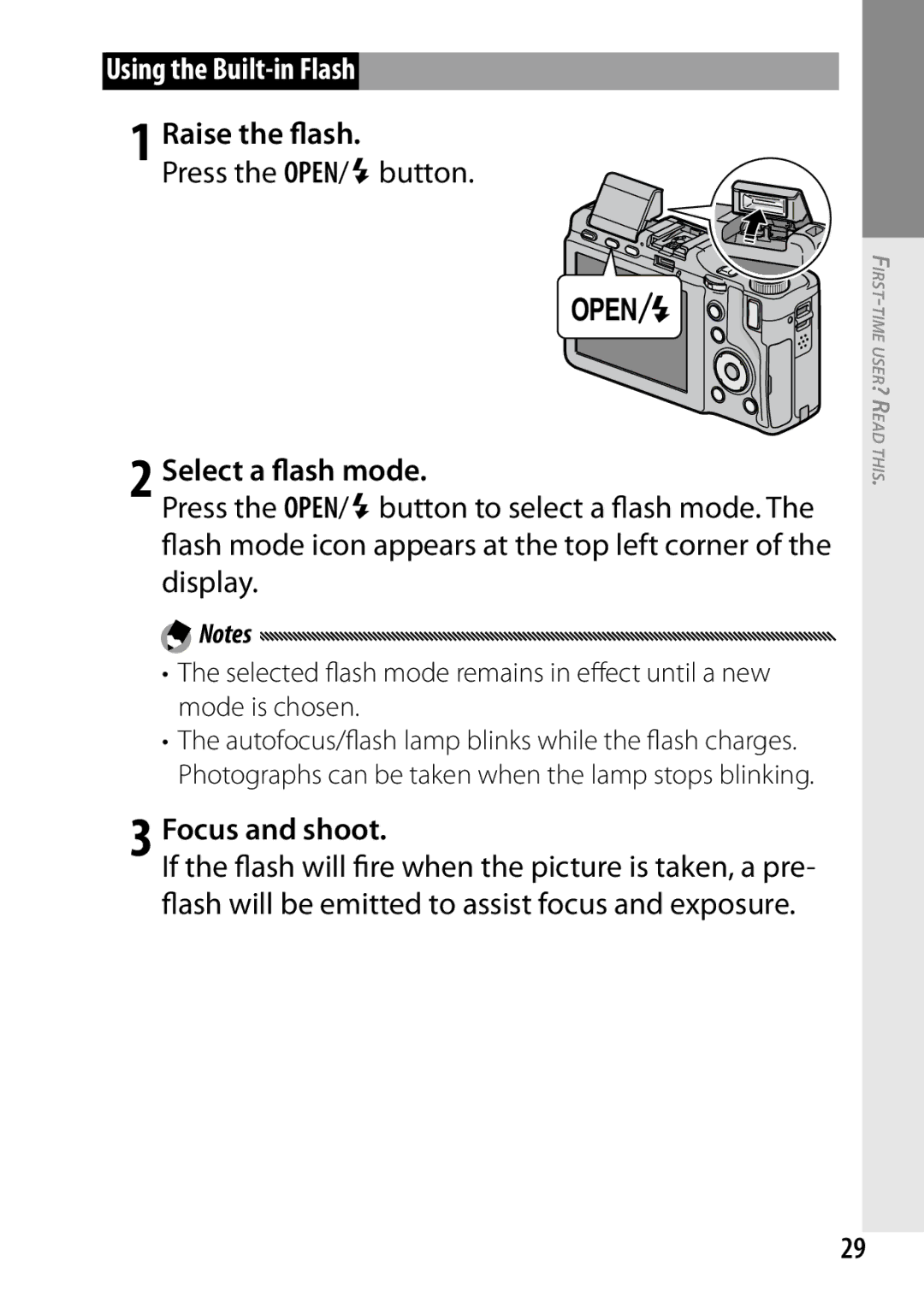 Ricoh 170553, GXR, 170543 manual Using the Built-in Flash, Raise the flash, Focus and shoot 