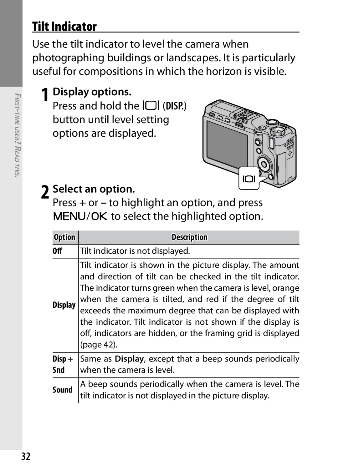 Ricoh 170553, GXR, 170543 Tilt Indicator, Display options, Select an option, Press + or to highlight an option, and press 