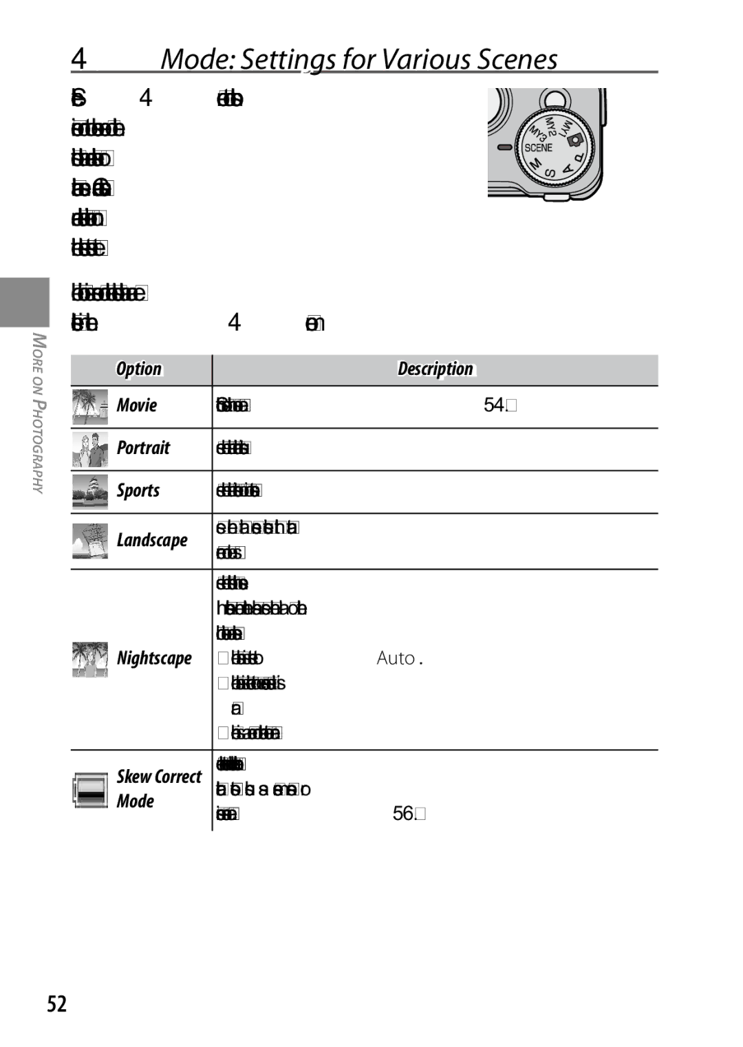 Ricoh 170543, GXR, 170553 manual 4Mode Settings for Various Scenes, Option Description Movie, Portrait, Sports 