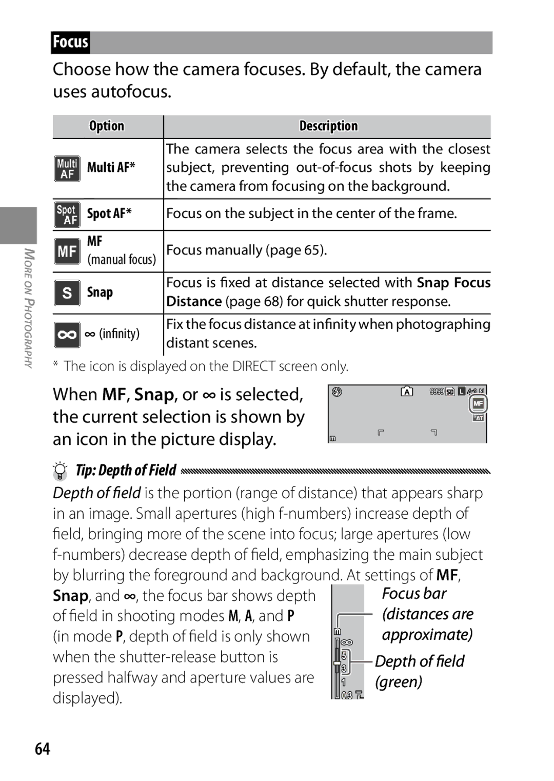 Ricoh 170543, GXR, 170553 manual When MF, Snap, or ∞ is selected, Tip Depth of Field 