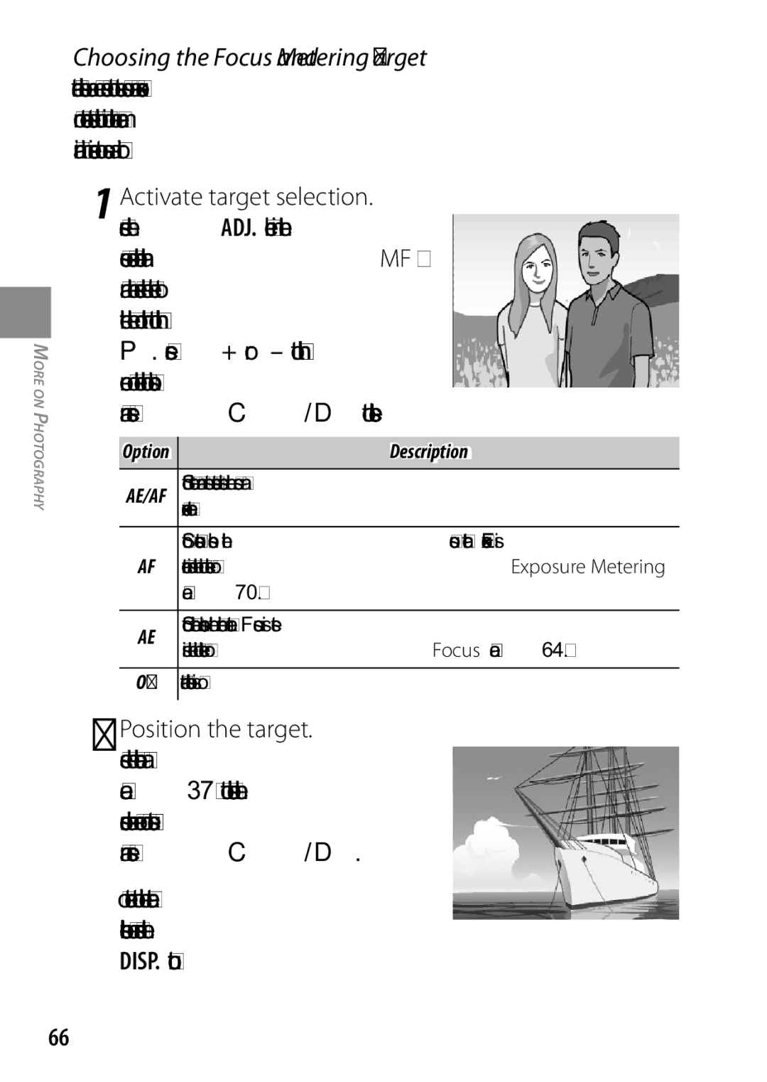 Ricoh GXR, 170543, 170553 manual Choosing the Focus and Metering Target, Exposure target, Using the option selected for Focus 