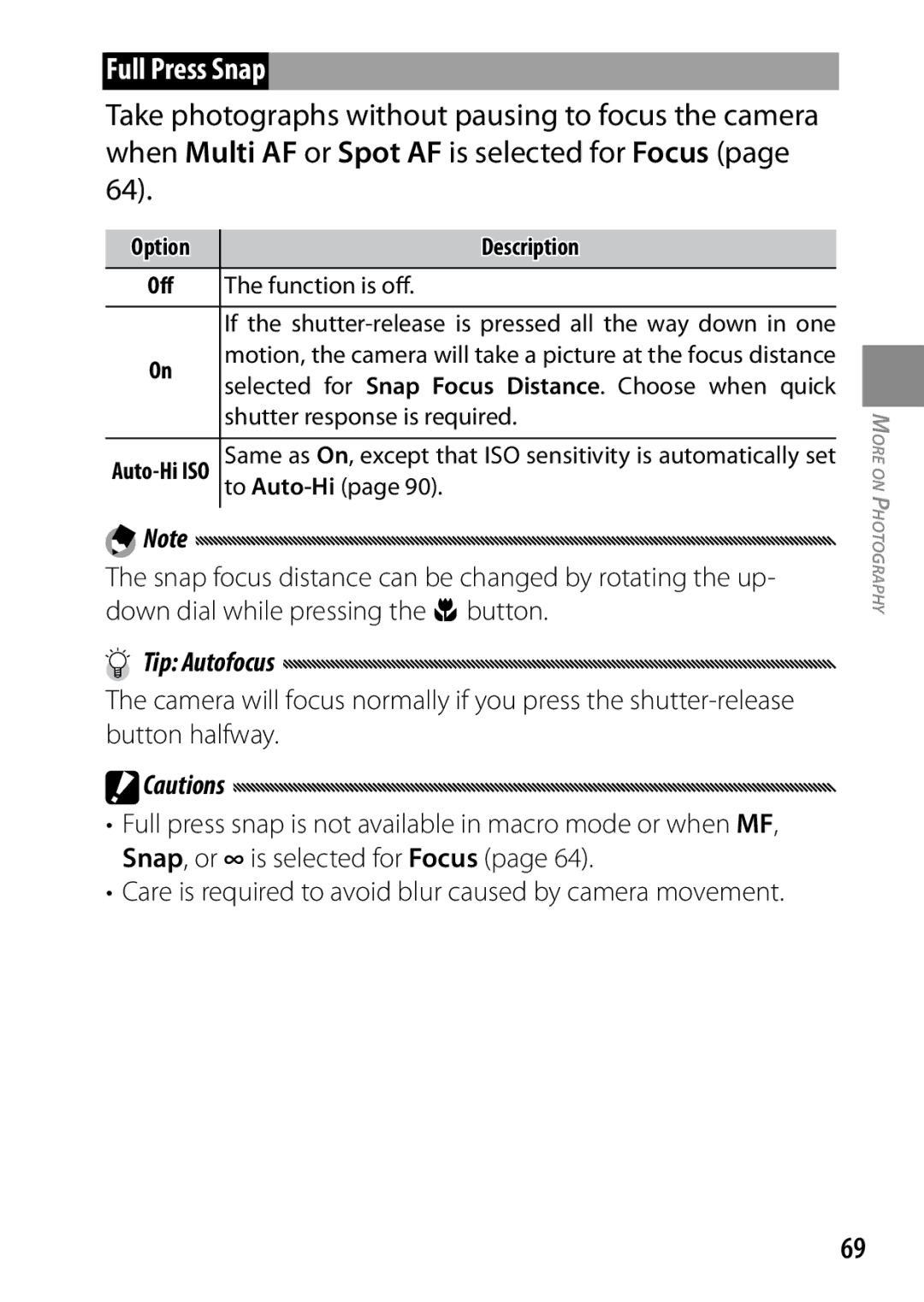 Ricoh GXR, 170543, 170553 manual Full Press Snap, Tip Autofocus, Function is off, Shutter response is required, To Auto-Hi 