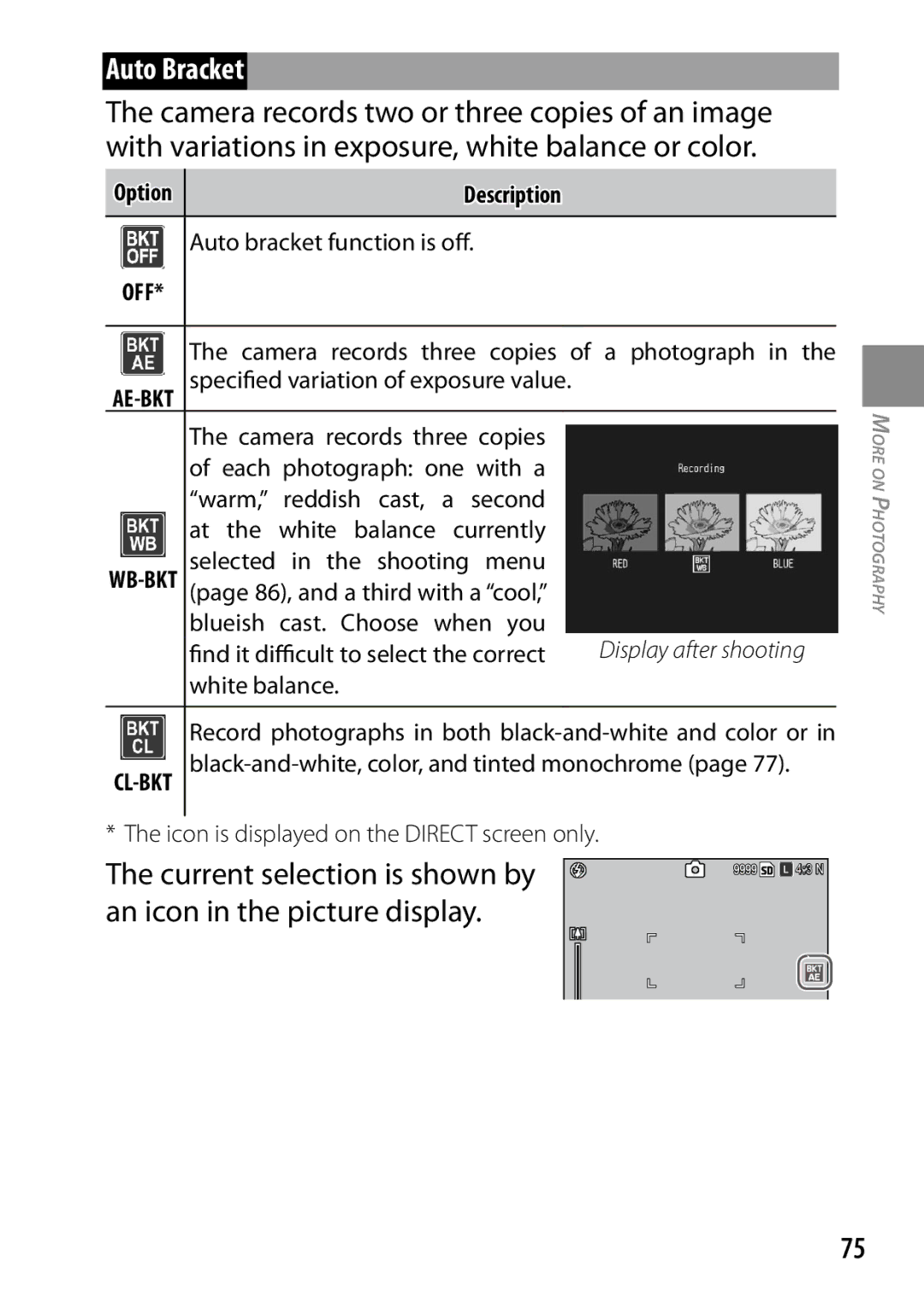 Ricoh GXR, 170543, 170553 manual Auto Bracket, Current selection is shown by 