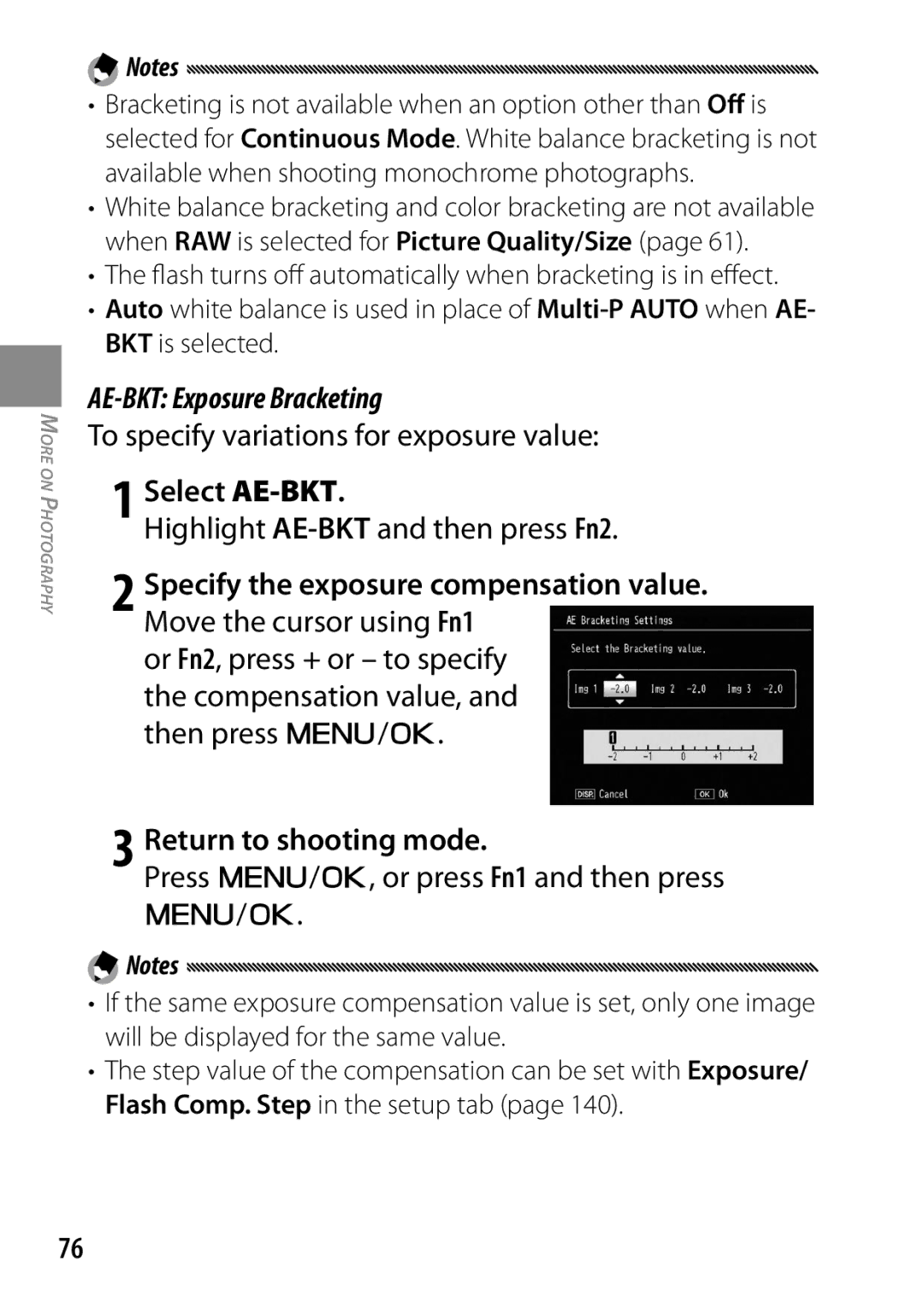 Ricoh 170543 AE-BKT Exposure Bracketing, To specify variations for exposure value, Select AE-BKT, Return to shooting mode 