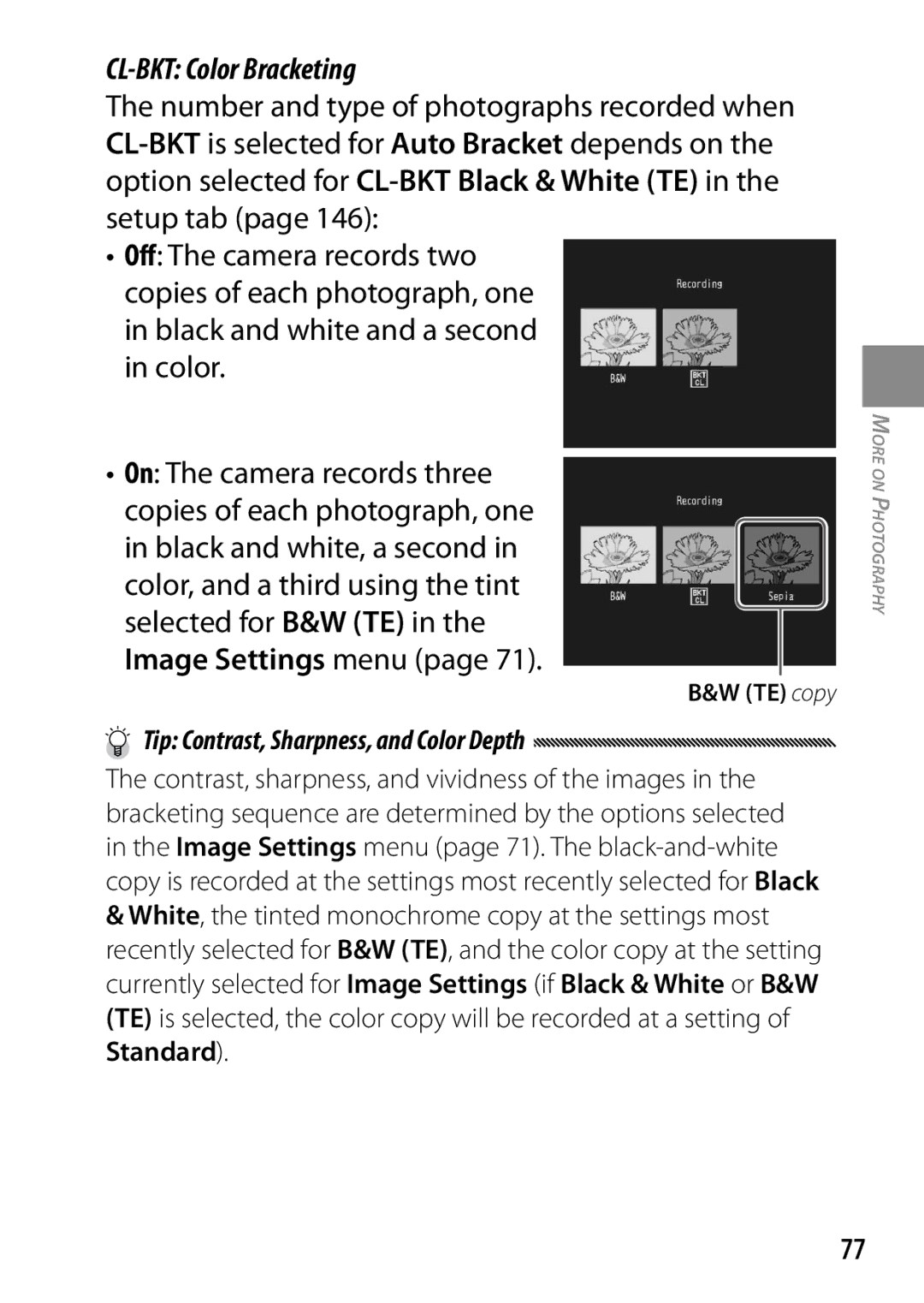 Ricoh 170553, GXR, 170543 manual CL-BKT Color Bracketing, Tip Contrast, Sharpness, and Color Depth, TE copy 