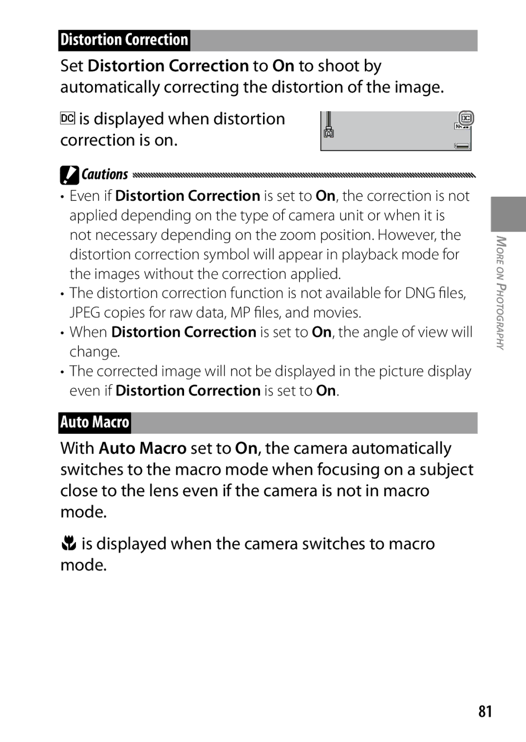 Ricoh GXR, 170543, 170553 manual Distortion Correction, Is displayed when distortion correction is on, Auto Macro 