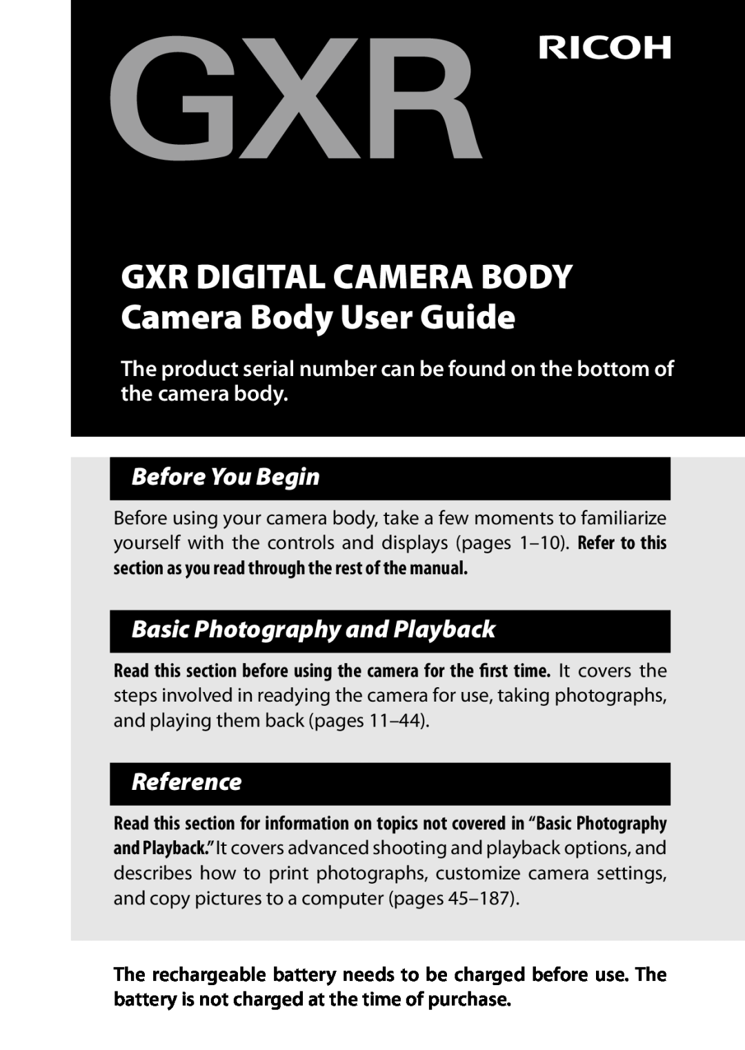 Ricoh 170543 manual GXR DIGITAL CAMERA BODY Camera Body User Guide, Before You Begin, Basic Photography and Playback 