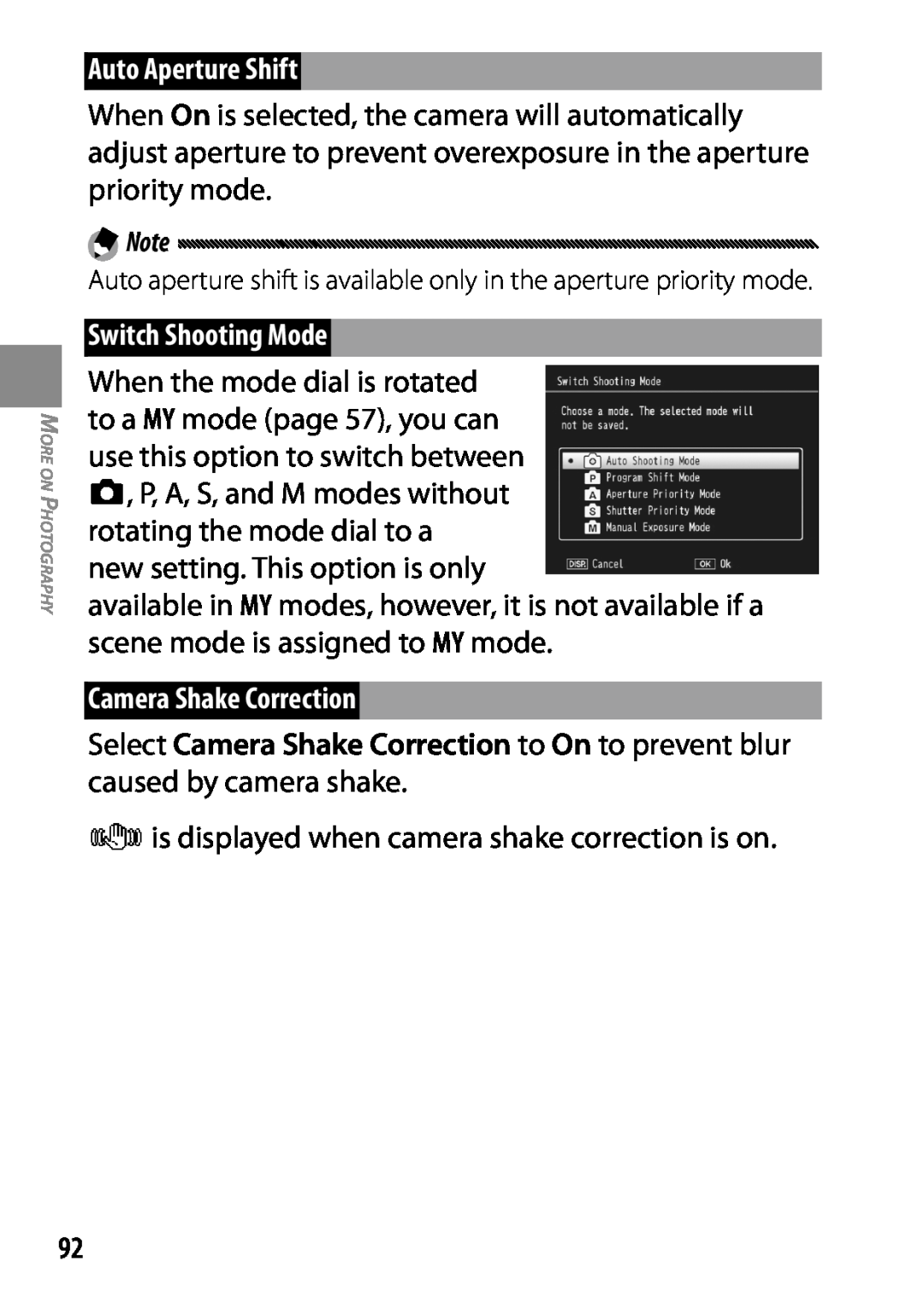 Ricoh 170553, GXR, 170543 manual Auto Aperture Shift, Switch Shooting Mode, Camera Shake Correction 