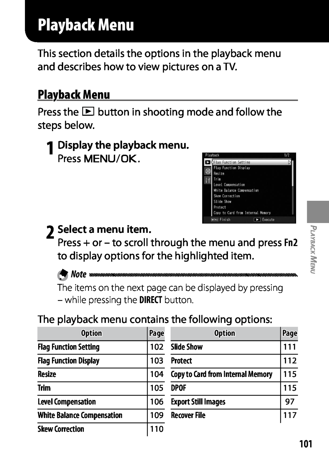 Ricoh 170553, GXR, 170543 manual Playback Menu, 1 Display the playback menu. Press C/D 2 Select a menu item 