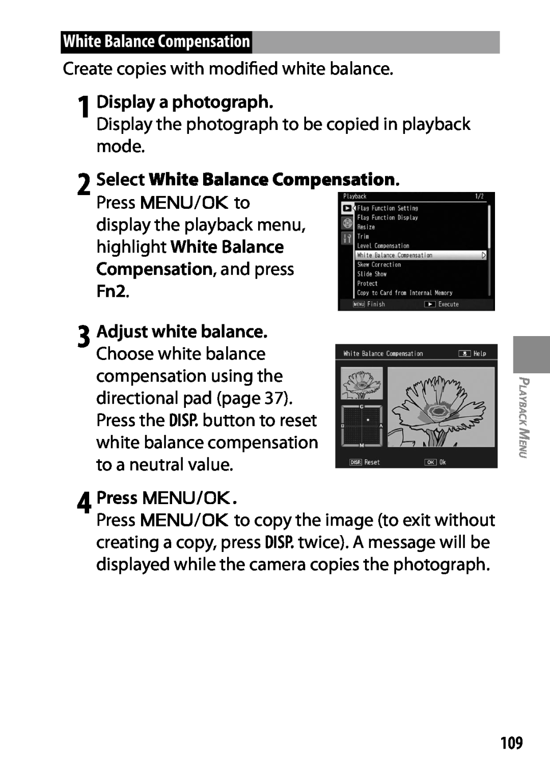 Ricoh 170543, GXR, 170553 manual 2 Select White Balance Compensation, 4 Press C/D, 1 Display a photograph, PlaybackM enu 