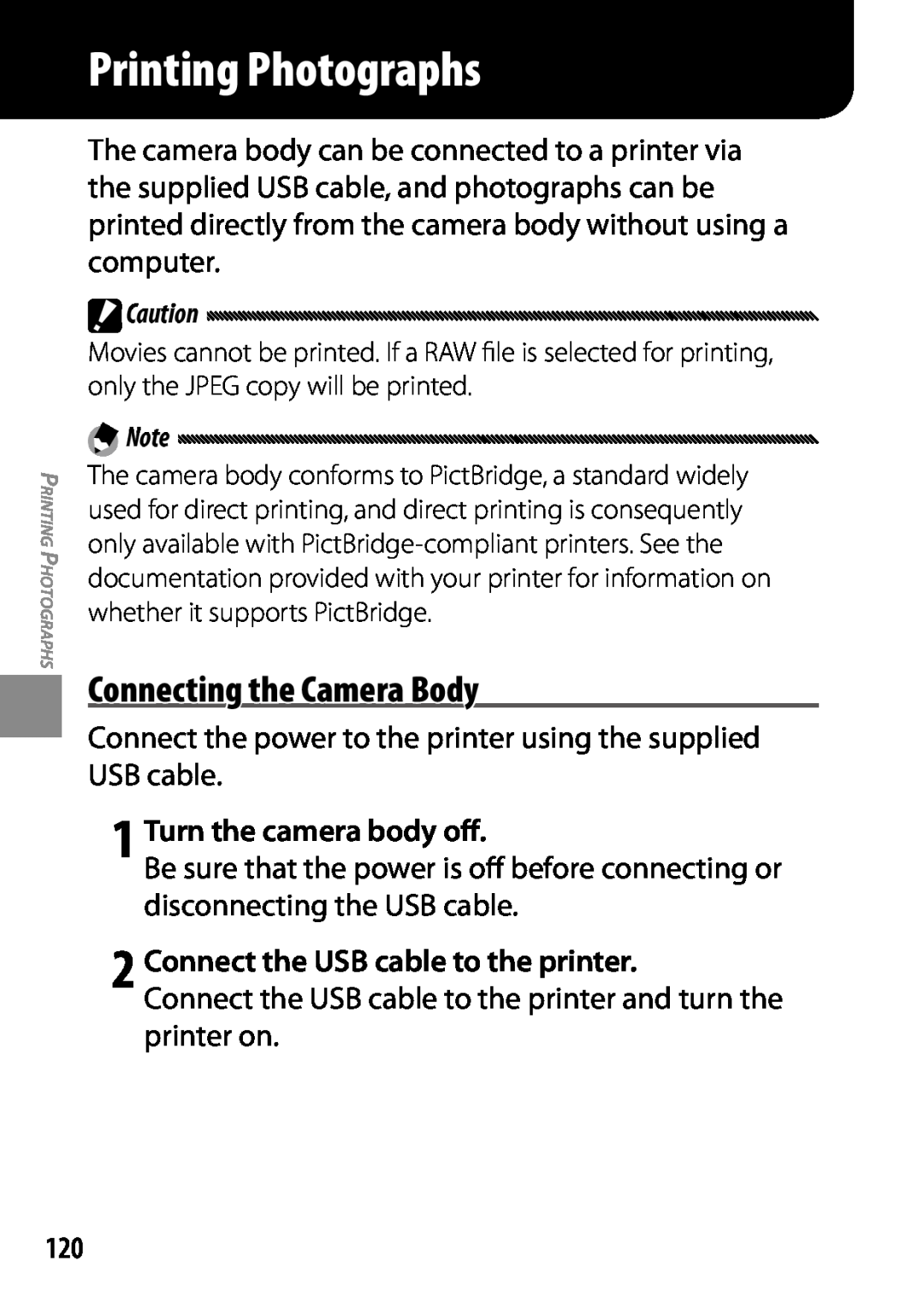 Ricoh GXR, 170543, 170553 manual Printing Photographs, Connecting the Camera Body, 2 Connect the USB cable to the printer 