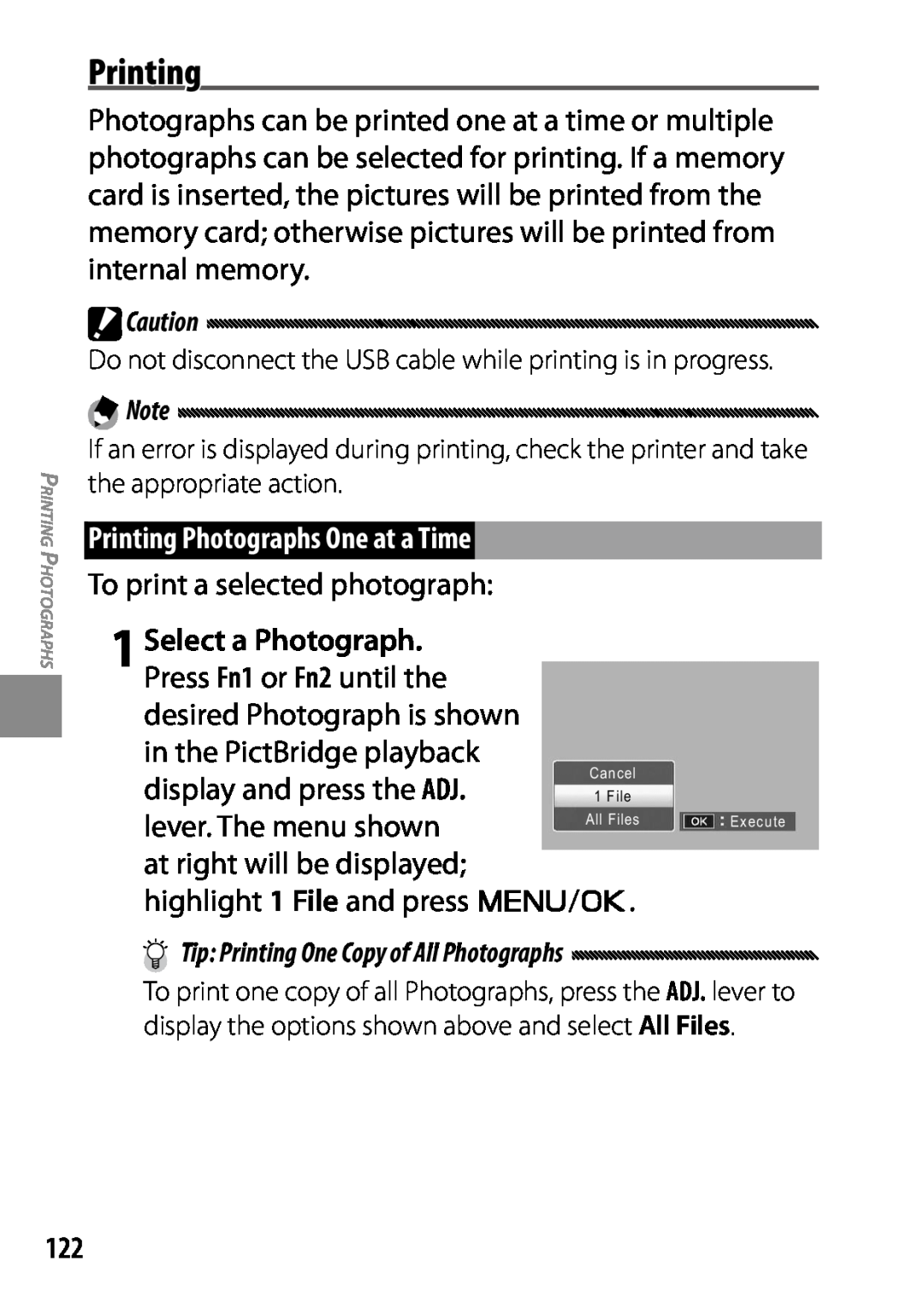 Ricoh 170553, GXR, 170543 manual Printing Photographs One at a Time, display and press the ADJ, lever. The menu shown 