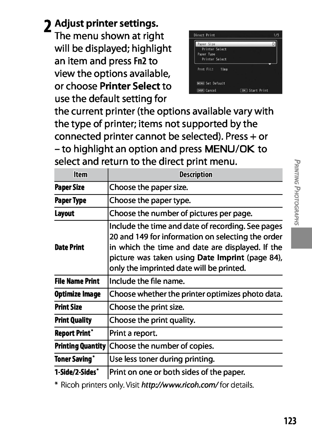 Ricoh GXR, 170543, 170553 manual to highlight an option and press C/Dto, select and return to the direct print menu 
