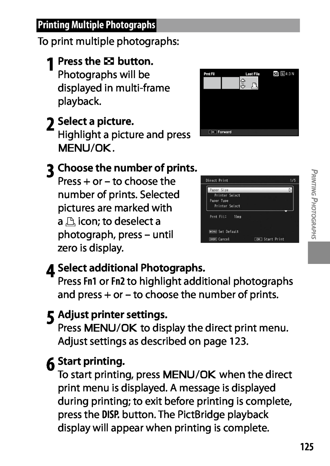 Ricoh 170553 Printing Multiple Photographs, Press the Zbutton, 4 Select additional Photographs, 5 Adjust printer settings 
