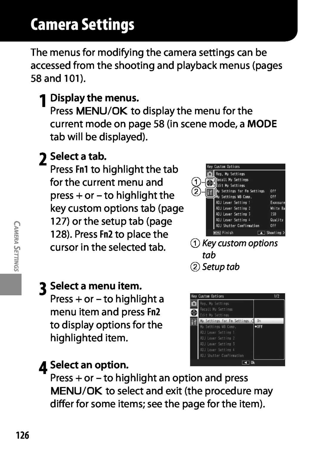 Ricoh GXR, 170543, 170553 manual Camera Settings, Display the menus, Select a tab, Select a menu item, Select an option 