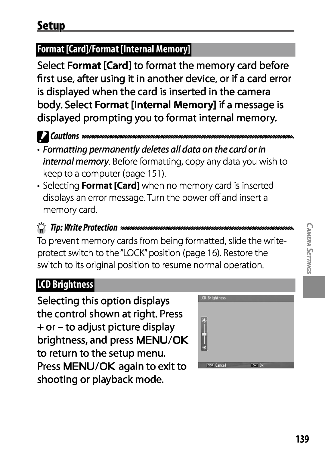 Ricoh 170543, GXR, 170553 manual Setup, Format Card/Format Internal Memory, LCD Brightness, Cautions, Tip Write Protection 