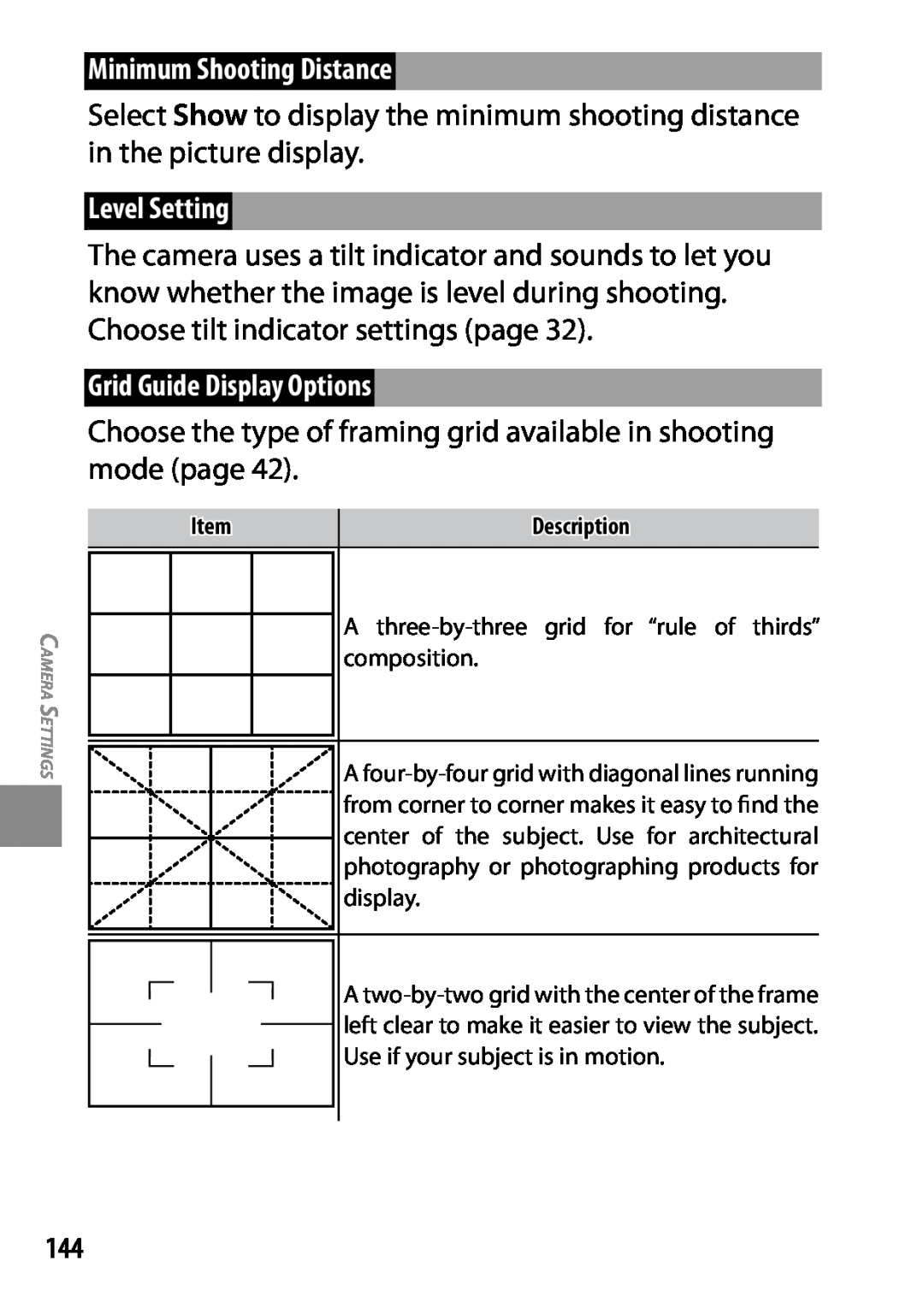 Ricoh GXR, 170543, 170553 manual Minimum Shooting Distance, Level Setting, Grid Guide Display Options 