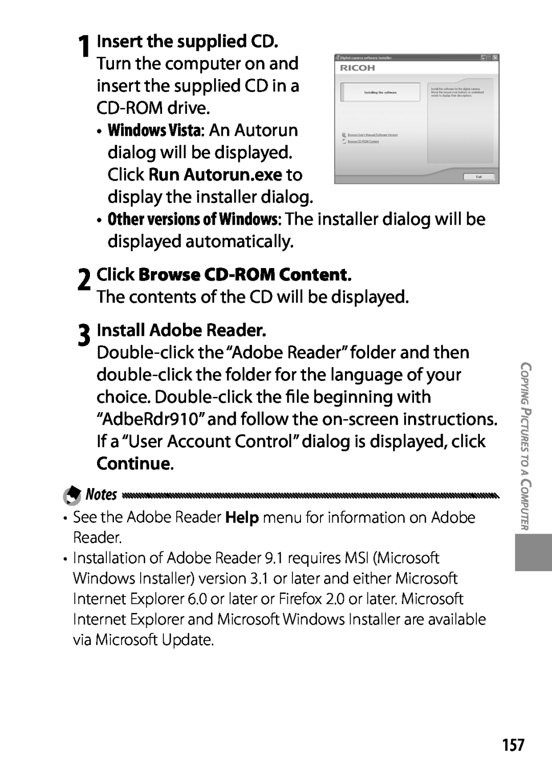Ricoh 170543, GXR, 170553 Click Browse CD-ROM Content, 3 Install Adobe Reader, The contents of the CD will be displayed 