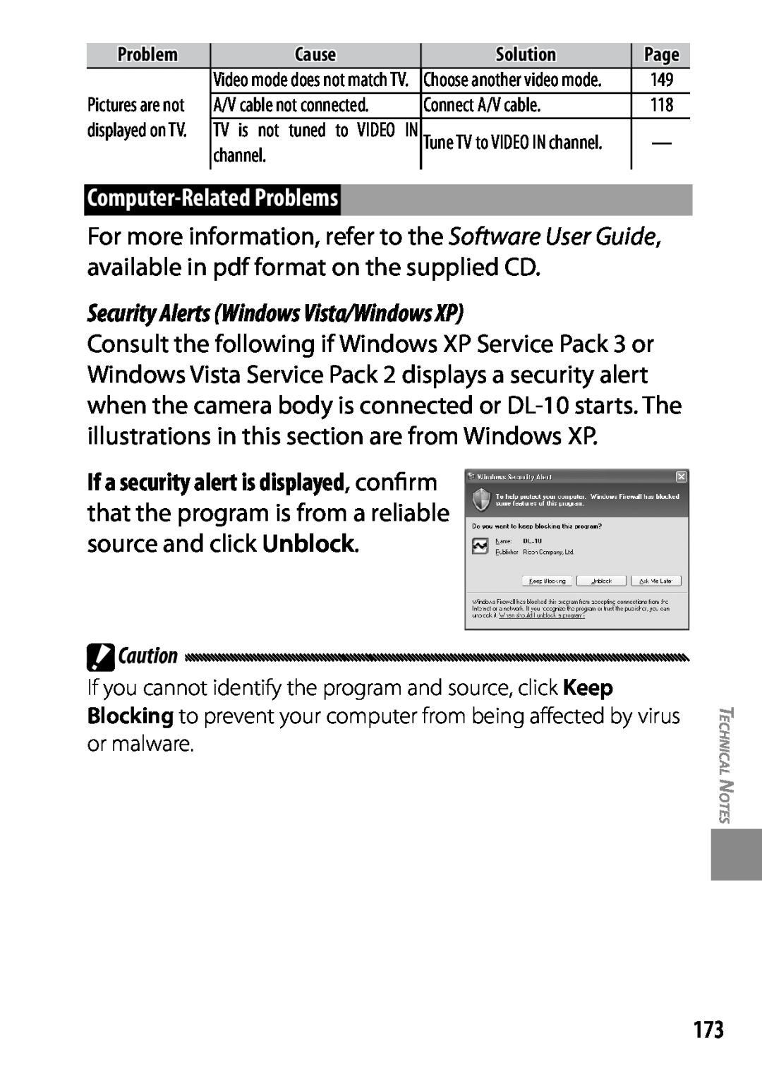 Ricoh 170553, GXR, 170543 manual Computer-Related Problems, Security Alerts Windows Vista/Windows XP 