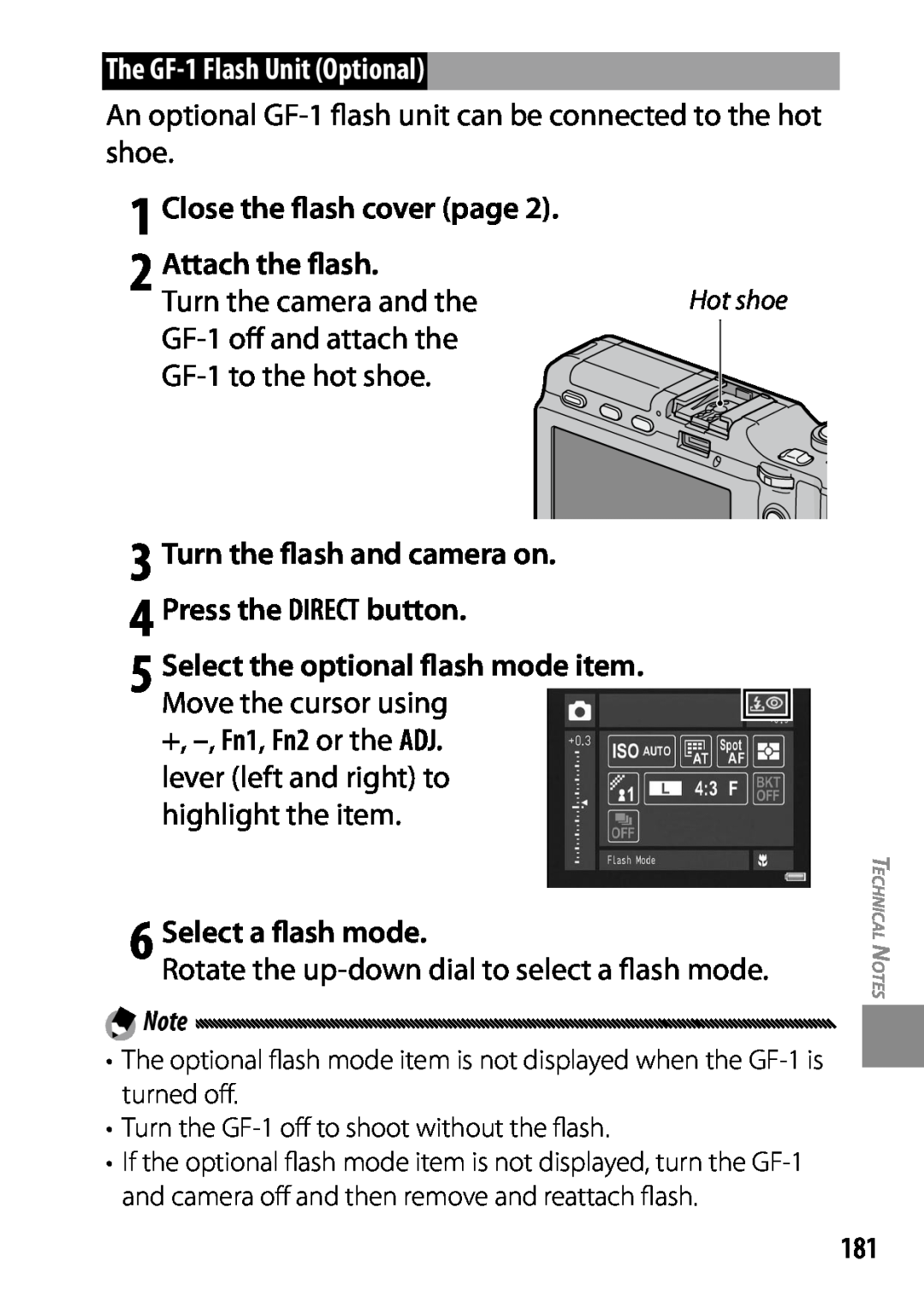 Ricoh 170543 The GF-1 Flash Unit Optional, Close the flash cover page, Attach the flash, +, -, Fn1, Fn2 or the ADJ, mode 