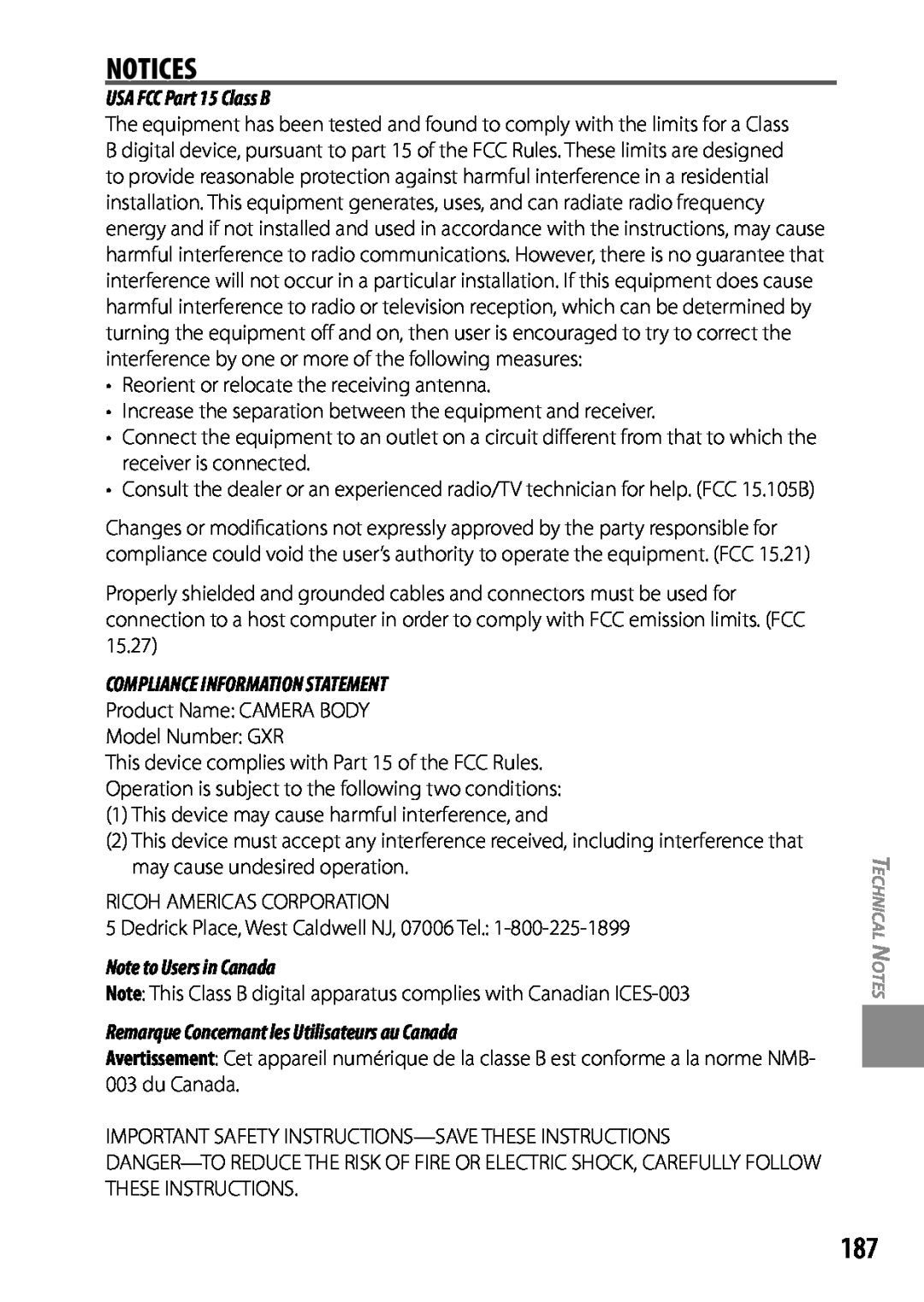 Ricoh 170543 Notices, USA FCC Part 15 Class B, Note to Users in Canada, Remarque Concernant les Utilisateurs au Canada 
