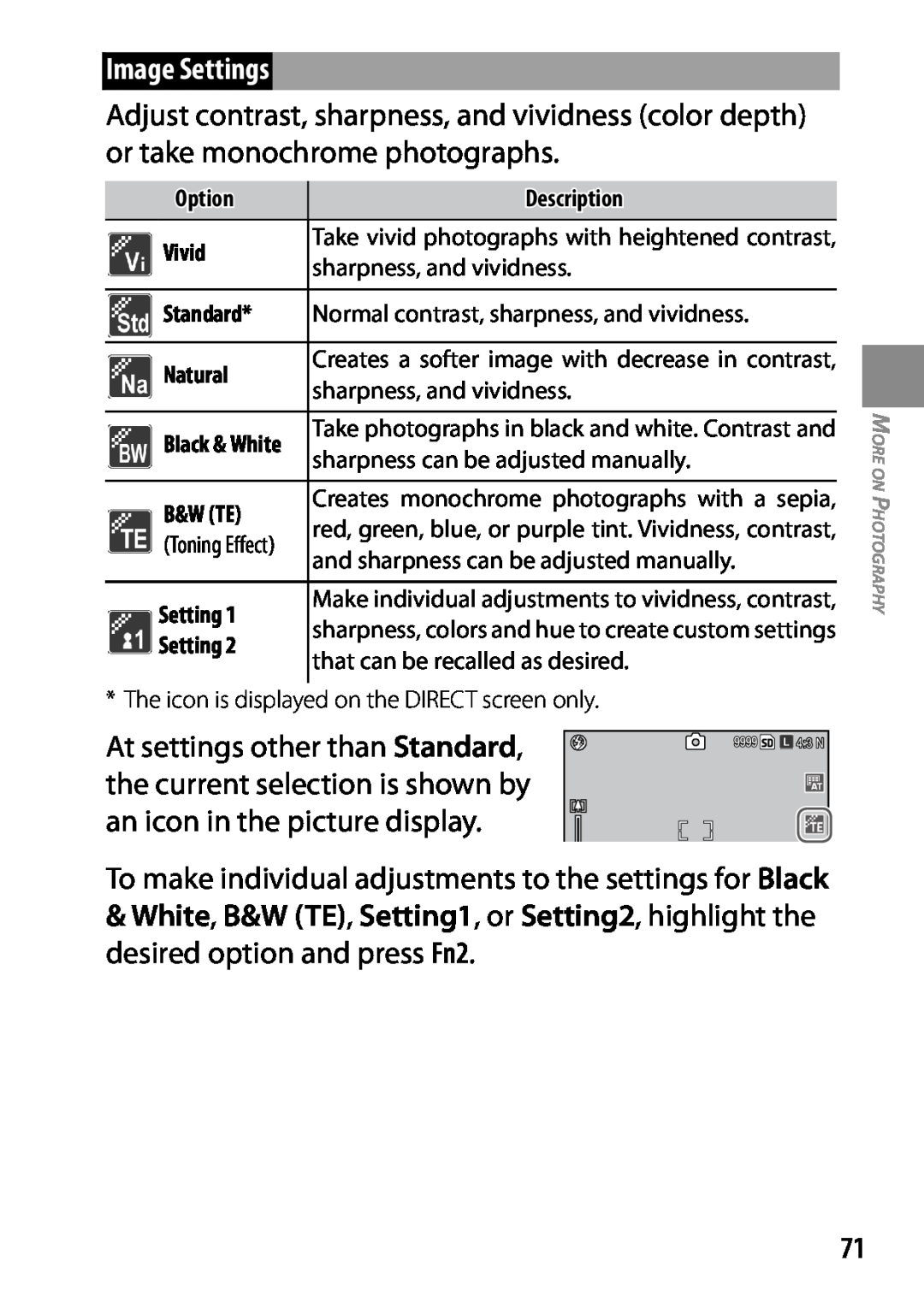Ricoh 170553, GXR, 170543 manual Image Settings, Creates monochrome photographs with a sepia 