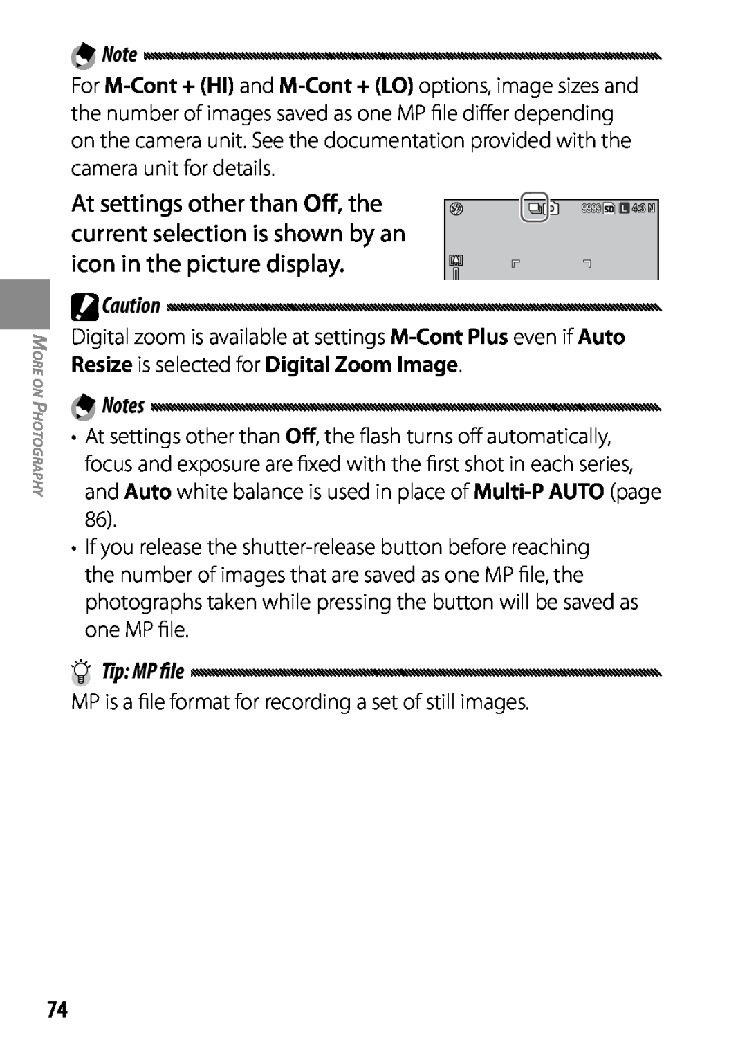 Ricoh 170553 At settings other than Off, the, current selection is shown by an, icon in the picture display, Tip MP file 