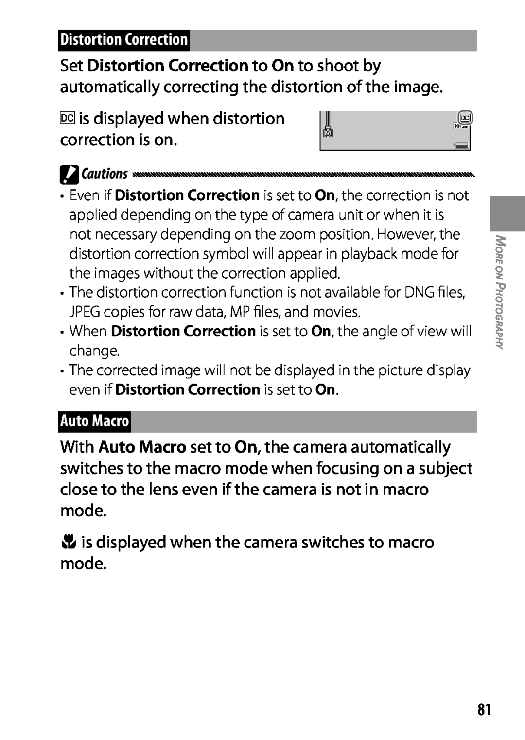 Ricoh GXR, 170543, 170553 manual Distortion Correction, Auto Macro, is displayed when distortion correction is on, Cautions 