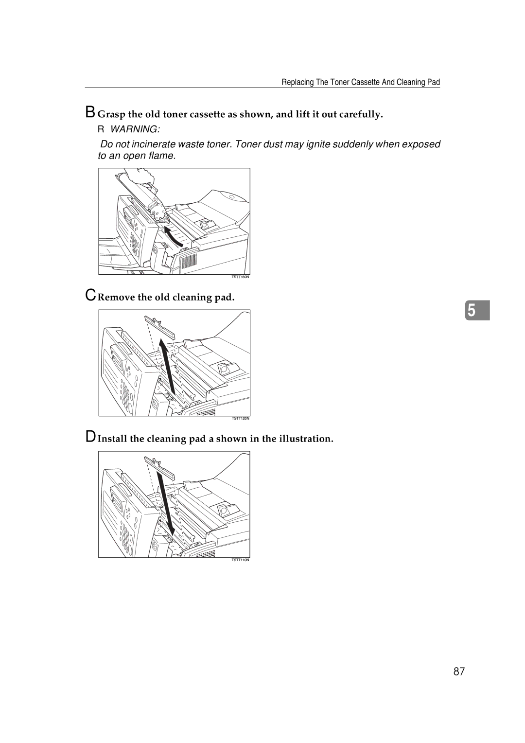 Ricoh H545 manual Replacing The Toner Cassette And Cleaning Pad 