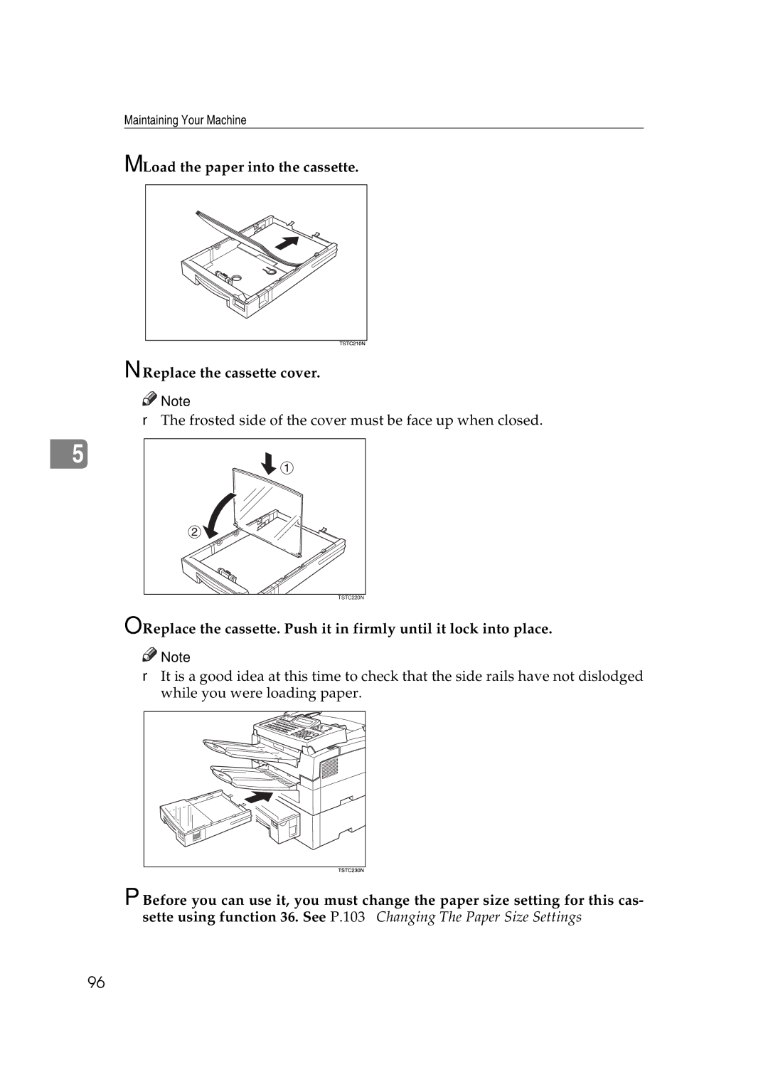 Ricoh H545 manual Load the paper into the cassette Replace the cassette cover 