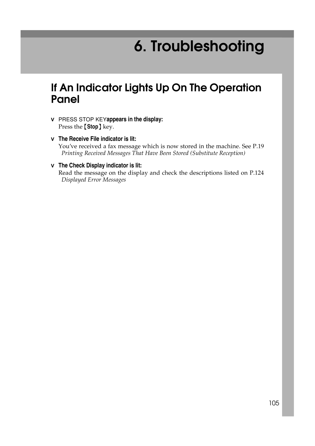 Ricoh H545 manual If An Indicator Lights Up On The Operation Panel, Press Stop KEY appears in the display, 105 