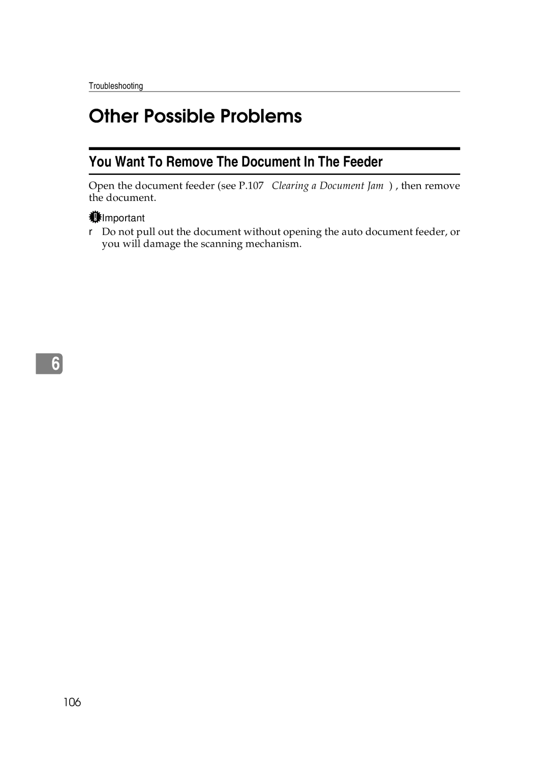 Ricoh H545 manual Other Possible Problems, You Want To Remove The Document In The Feeder, 106 