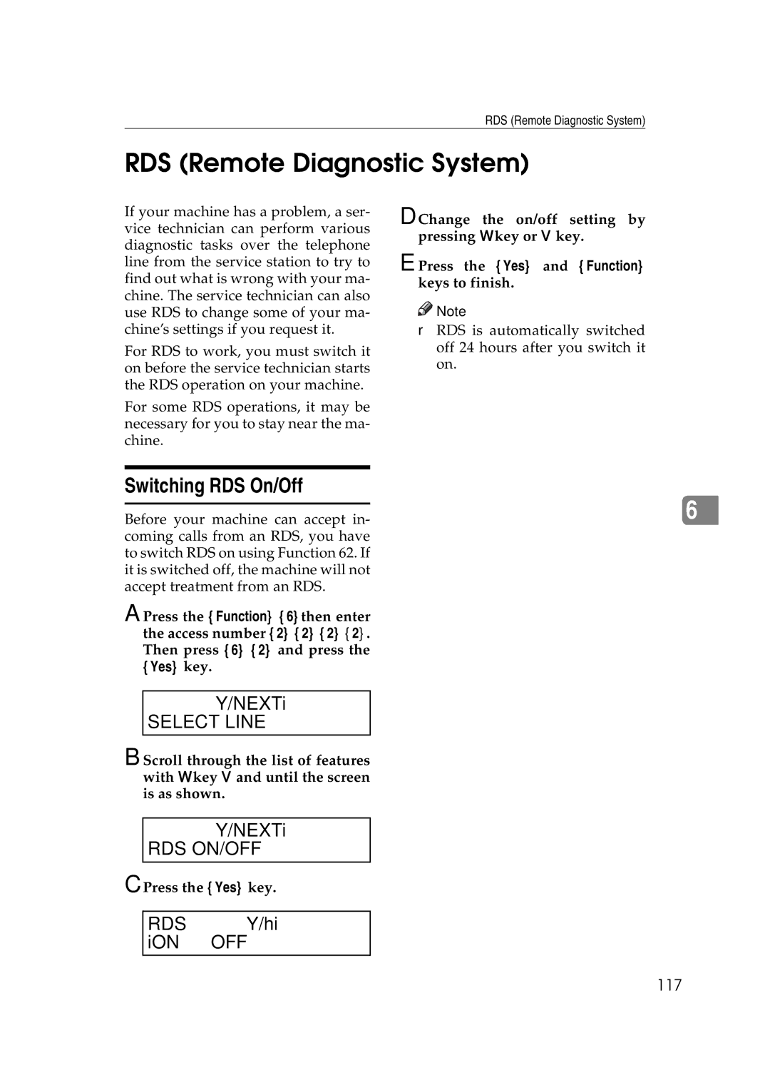 Ricoh H545 manual RDS Remote Diagnostic System, Switching RDS On/Off, Rds On/Off, 117 