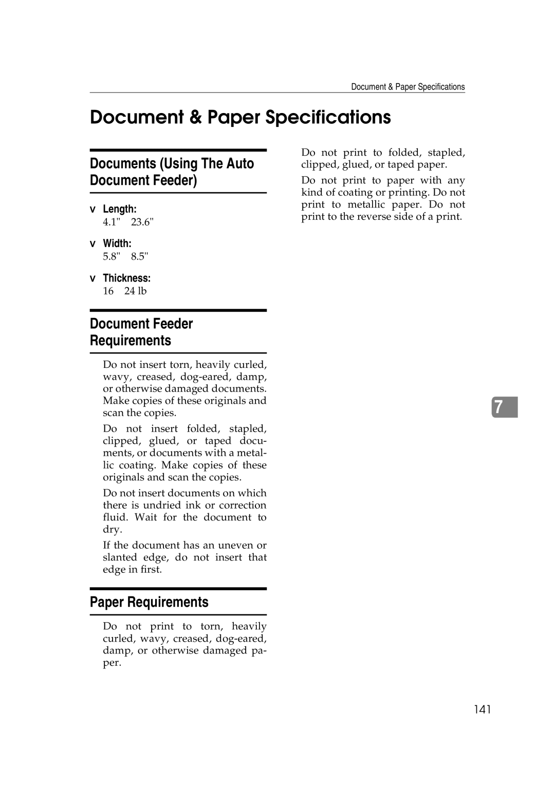 Ricoh H545 Document & Paper Specifications, Document Feeder Requirements, Paper Requirements, Length, Width Thickness 