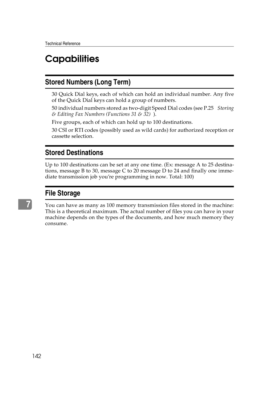 Ricoh H545 manual Capabilities, Stored Numbers Long Term, Stored Destinations, File Storage, 142 