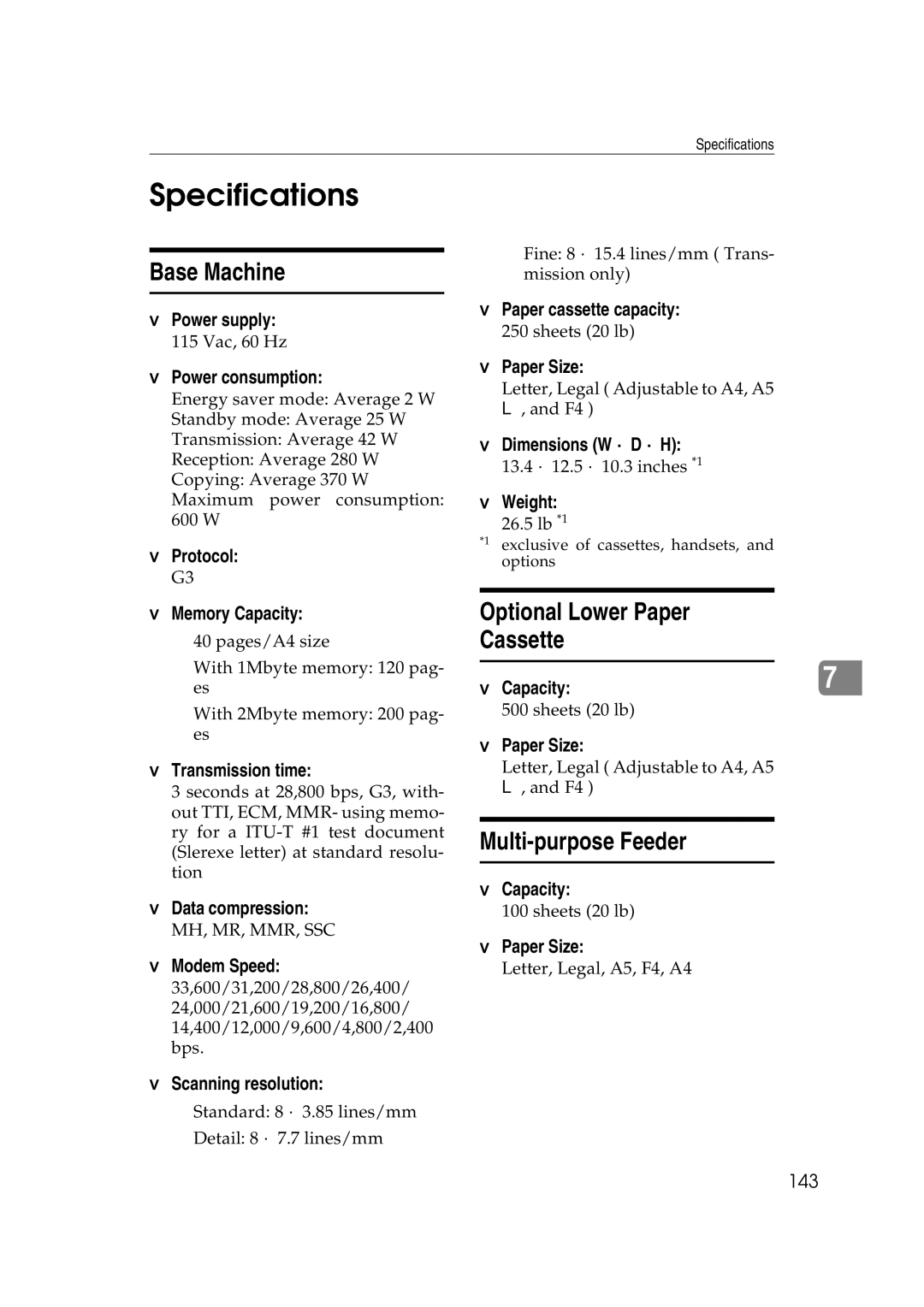 Ricoh H545 manual Specifications, Base Machine, Optional Lower Paper Cassette, Multi-purpose Feeder 