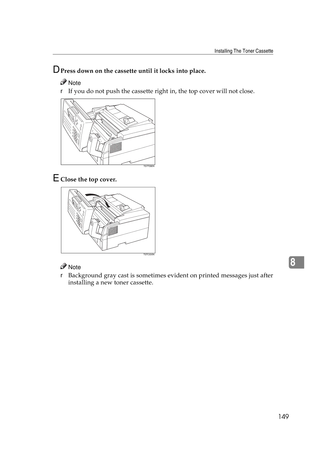 Ricoh H545 manual 149, Press down on the cassette until it locks into place 