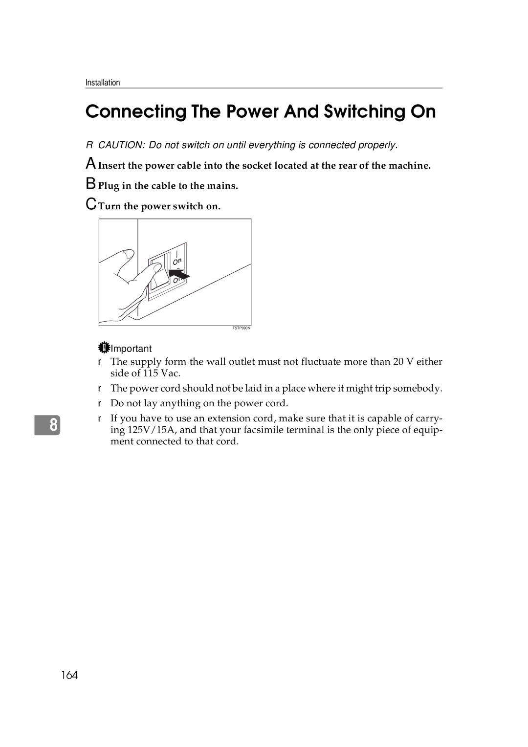 Ricoh H545 manual Connecting The Power And Switching On, 164 