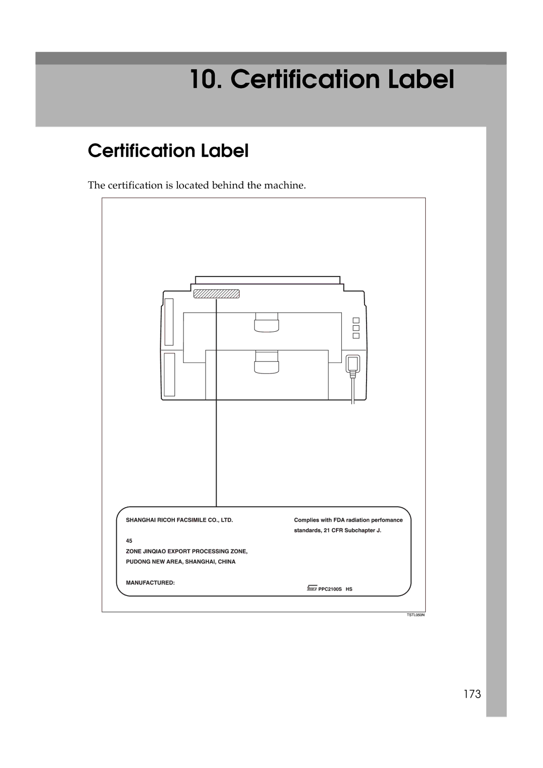 Ricoh H545 manual Certification Label, 173 