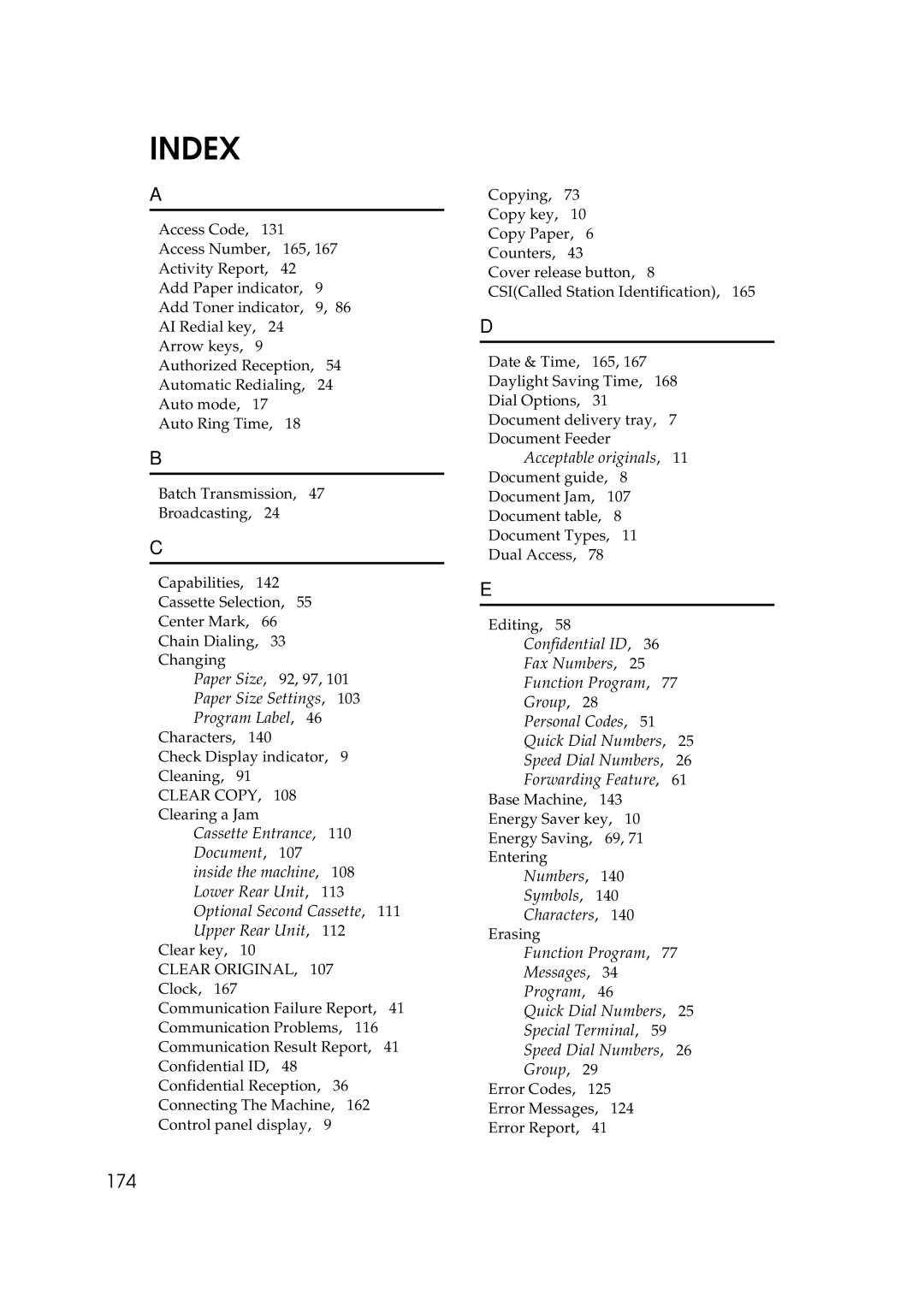 Ricoh H545 manual Index, 174 