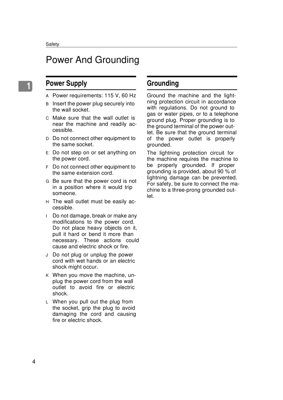 Ricoh H545 manual Power And Grounding 