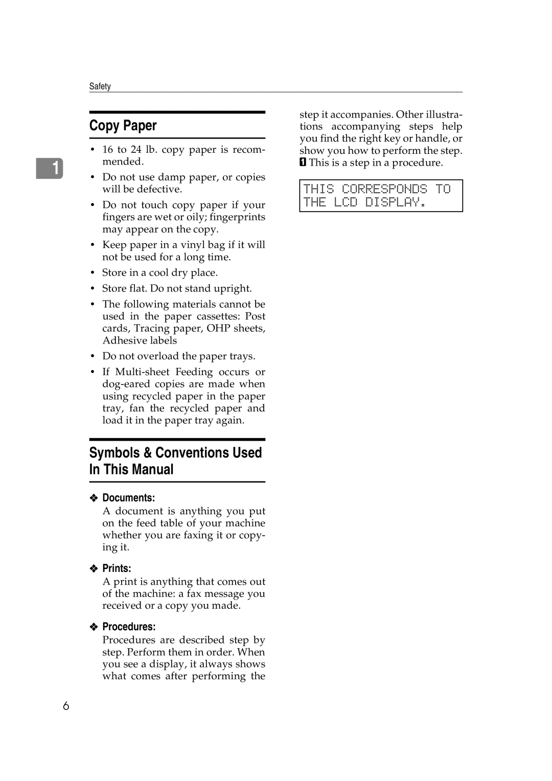 Ricoh H545 manual Copy Paper, Symbols & Conventions Used In This Manual, This Corresponds to the LCD Display 