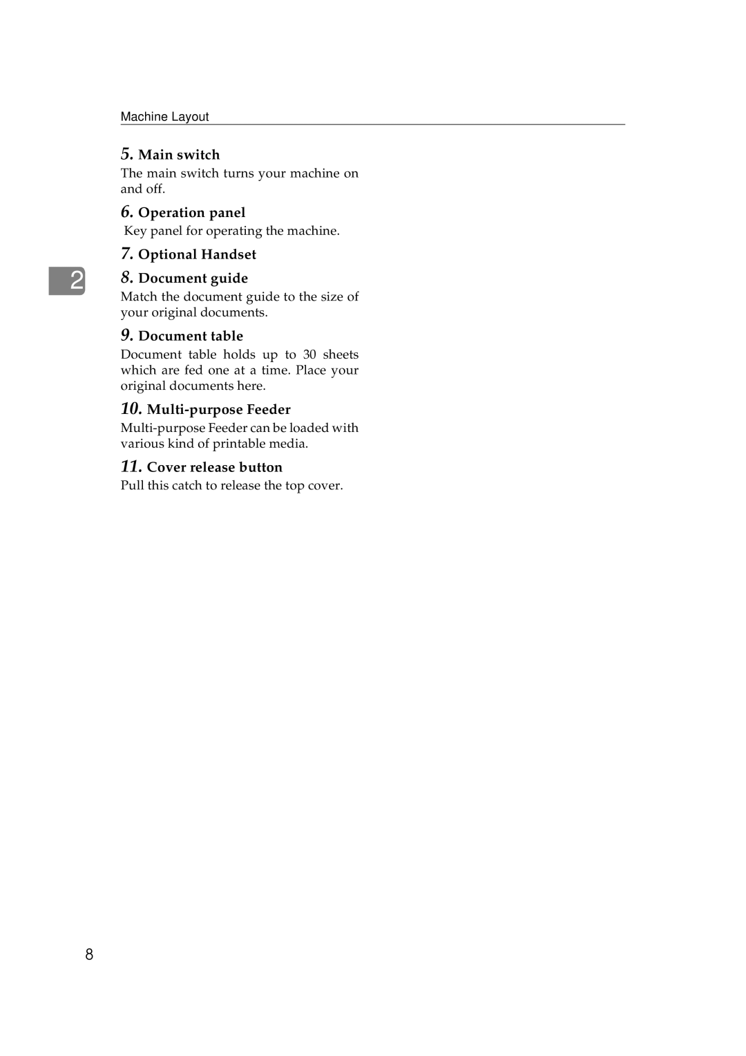 Ricoh H545 manual Main switch, Operation panel, Optional Handset Document guide, Document table, Multi-purpose Feeder 