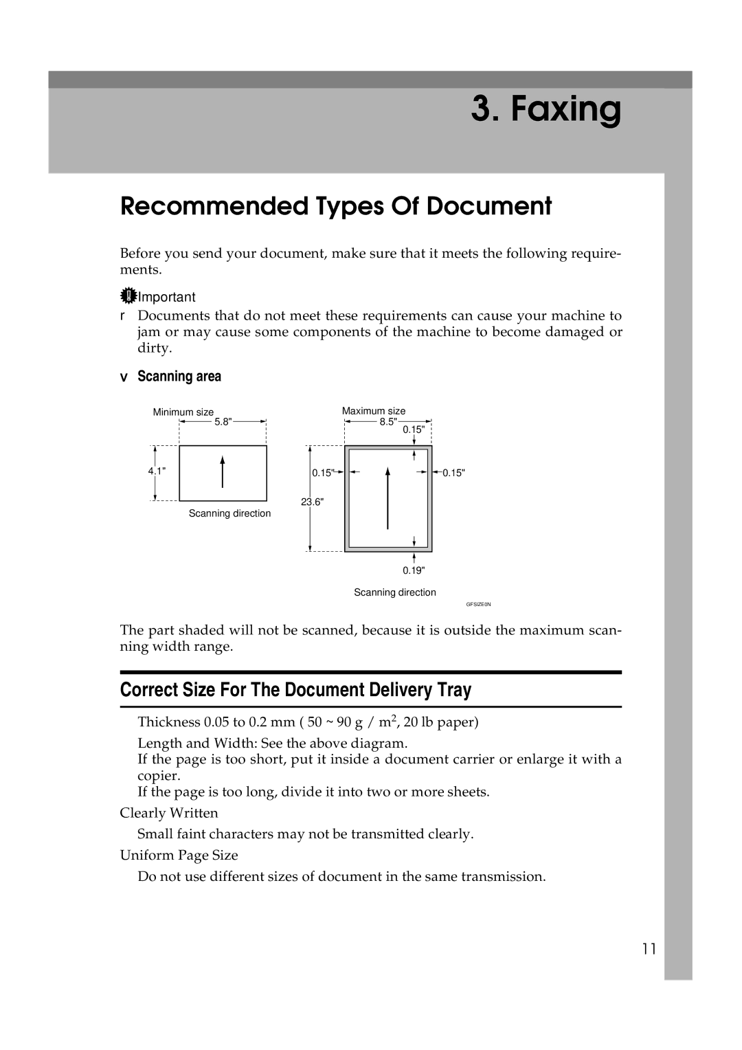 Ricoh H545 manual Recommended Types Of Document, Correct Size For The Document Delivery Tray, Scanning area 