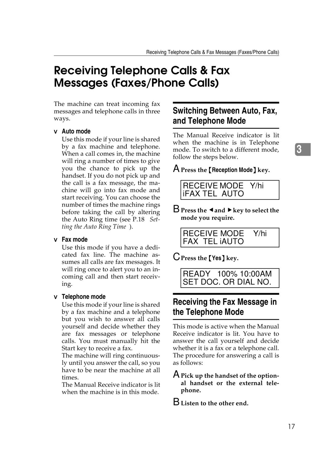 Ricoh H545 manual Receiving Telephone Calls & Fax Messages Faxes/Phone Calls, Receive Mode, IFAX TEL Auto, FAX TEL iAUTO 