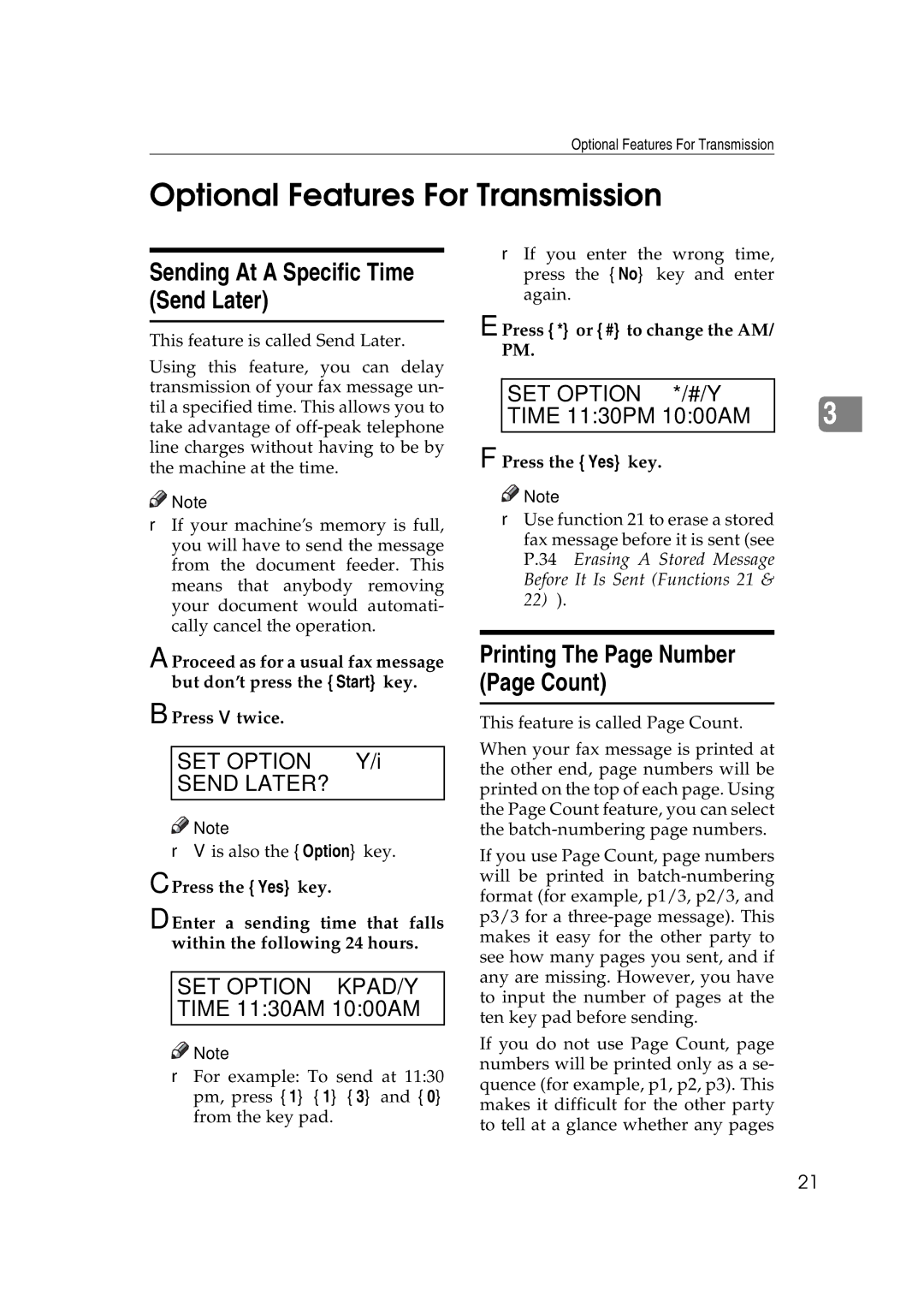 Ricoh H545 Optional Features For Transmission, Sending At a Specific Time Send Later, Printing The Page Number Page Count 