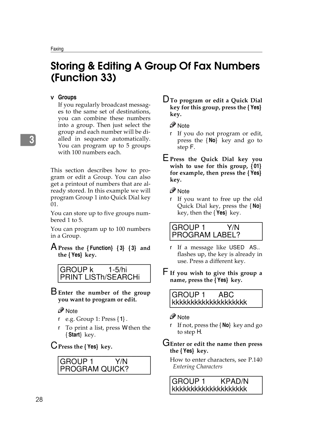 Ricoh H545 manual Storing & Editing a Group Of Fax Numbers Function, Print, Quick?, Label? 