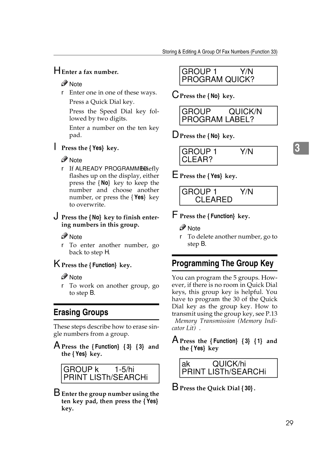 Ricoh H545 manual Erasing Groups, Programming The Group Key, Group Program QUICK?, Group CLEAR? 